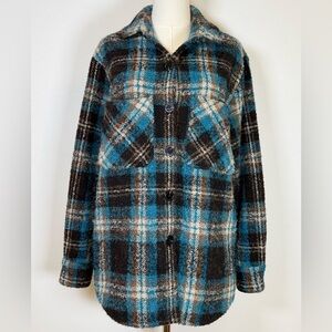 Karen Kane | Chunky Brown Blue Plaid Boucle Shirt Jacket Women’s Size Small